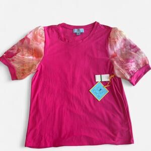 CeCe Women's Pink L Puff Sleeve Blouse Floral Pattern